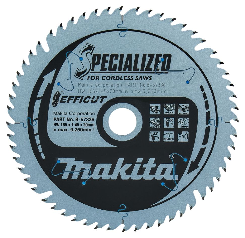 Makita Zubehör B-57336 Effizientes HM-Sägeblatt 165 x 20 x 56T Dicke 1mm
