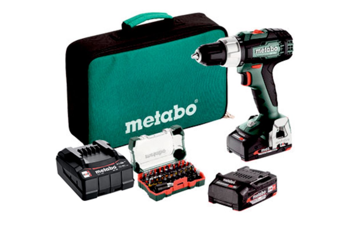 Metabo 614053900 SB 18 L Set Akku-Schlagbohrmaschine 18V 2x2Ah in Werkzeugtasche mit Bit-Box SP (32 Stück)
