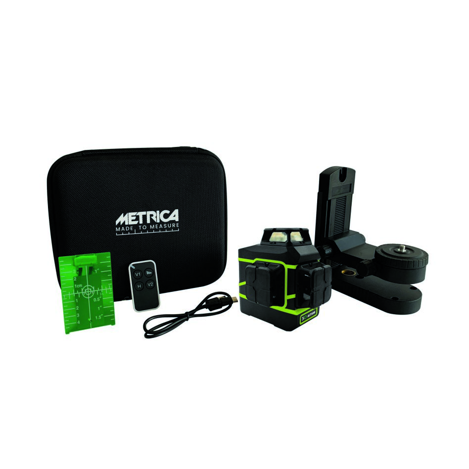 Metrica MT-61438 3D LASER ACTION GRÜN (3x 360°) Kreuzlinienlaser 2x Akku und USB-Ladegerät mit Fernsteuerung