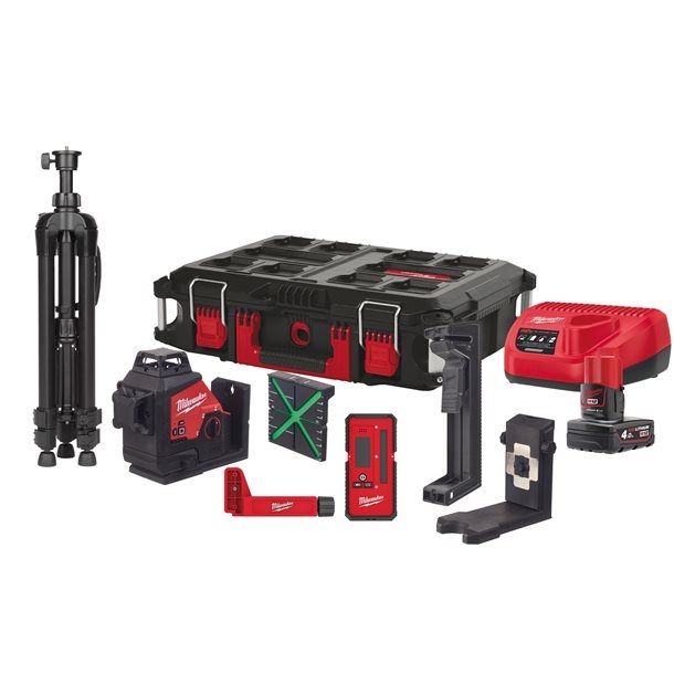 Milwaukee 4933478960 M12 3PLKIT-401P Kreuzlinienlaser mit 3 grünen 360° Laserkreisen 12V 4.0Ah Li-Ion
