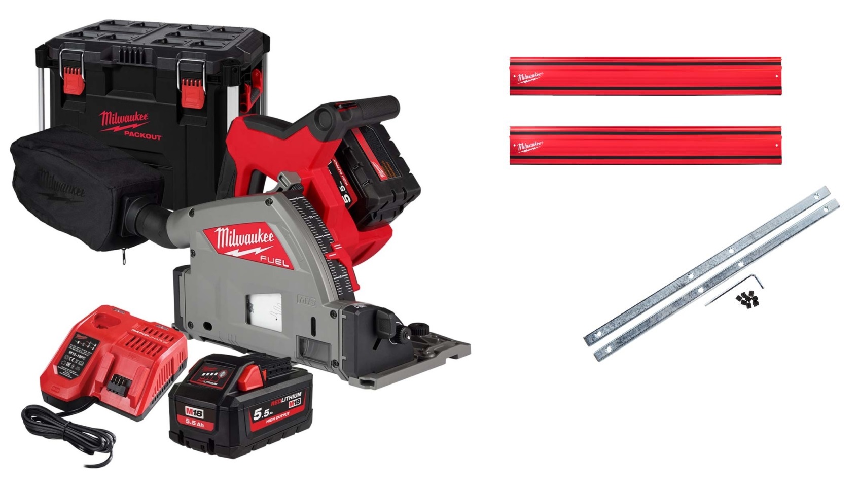 Milwaukee 4933478778+4932480906 M18 Accu-Inval S&auml;ge 55mm + F&uuml;hrungsschienen-Set 2x 5.5Ah Akku und Schnellladeger&auml;t im PACKOUT XL Koffer