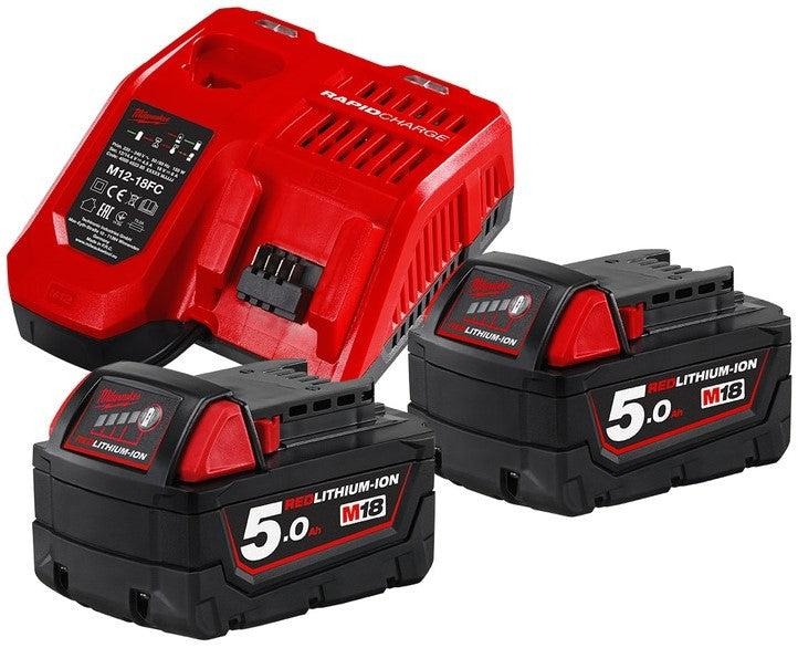Milwaukee Zubehör 4933459217 M18 NRG-502 - M18 B5 DUO Pack 18V 5.0Ah Redlithium-Ion + Ladegerät M12-18FC
