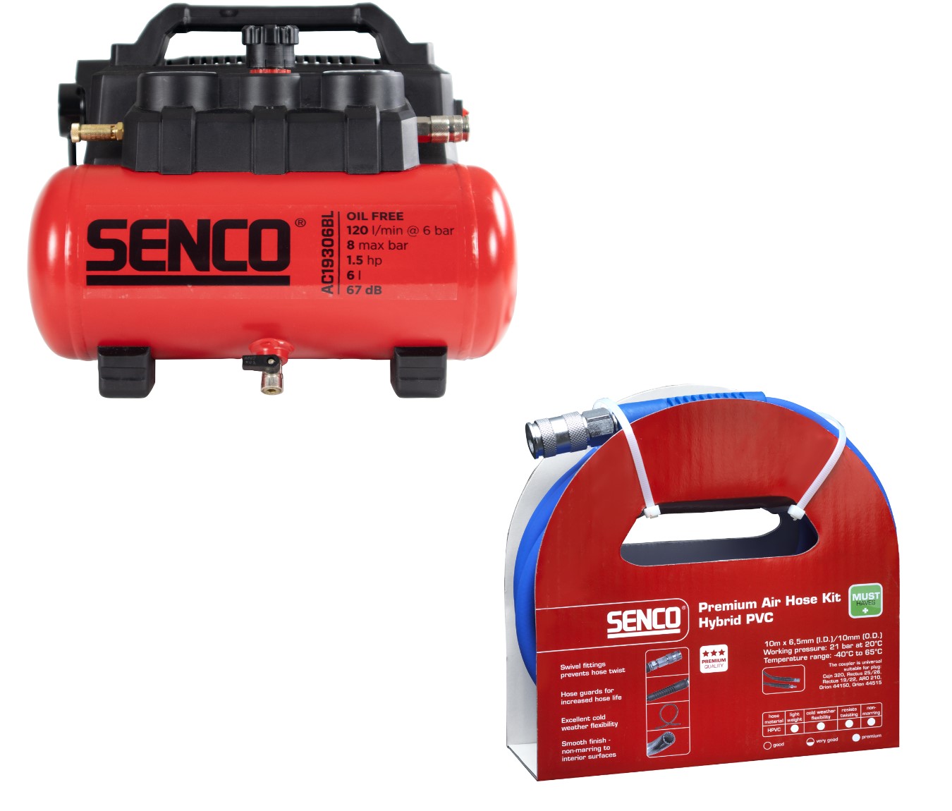 Senco PRSE-AFN0036EU - AC19306BL Kompressor 6 ltr. 8 Bar + Luftschlauch 10 mtr.